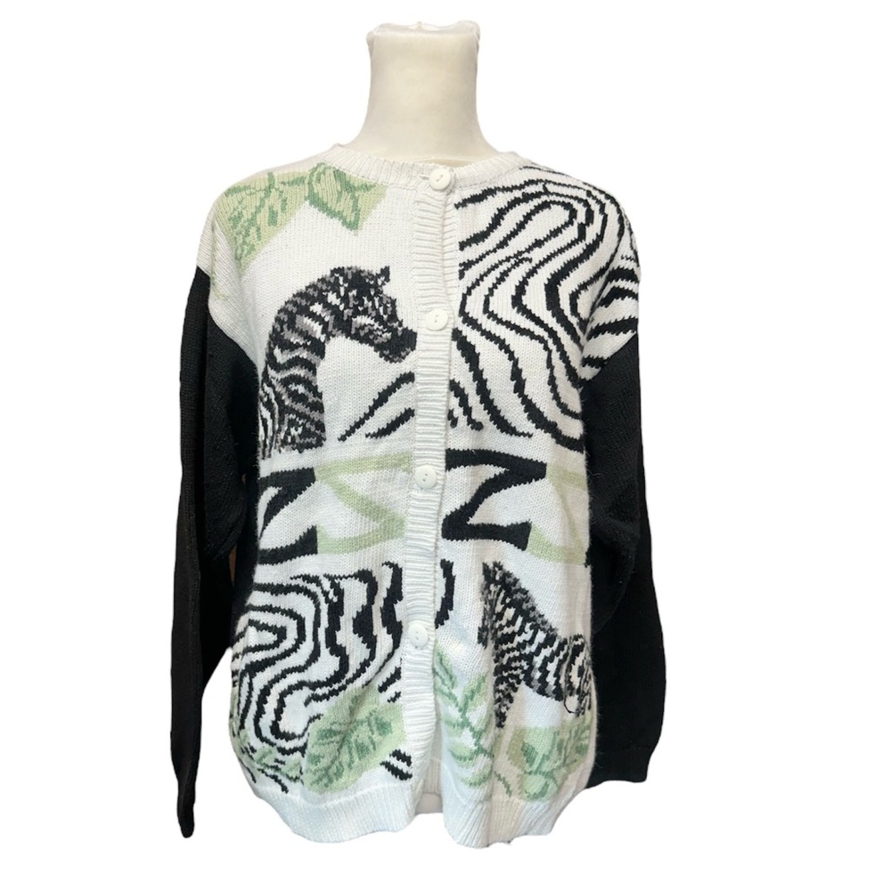 VTG 90s Novelty All Over Print Knit Cardigan Sweater Zebra Mike & Me Med Animal